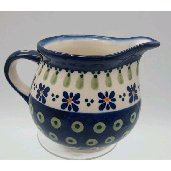 3” Boleslawiec Polish Pottery Small Creamer Pitcher Hand Made Poland Blue Green - Picture 3 of 7